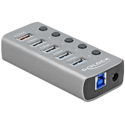 DELOCK hub 5x USB με διακόπτες 63262, USB 3.2, Gen 1, 5Gbps, 2.4A, γκρι
