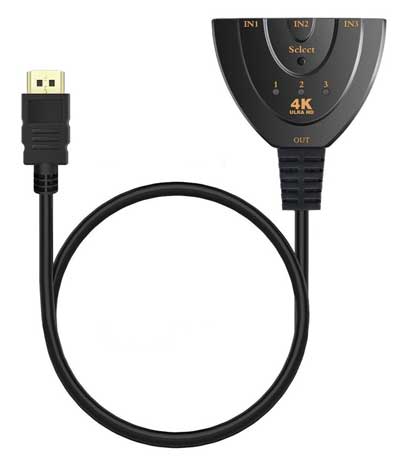 POWERTECH HDMI Switch 3x1 pigtail, 4K x 2K & 3D, 0.50m, Black