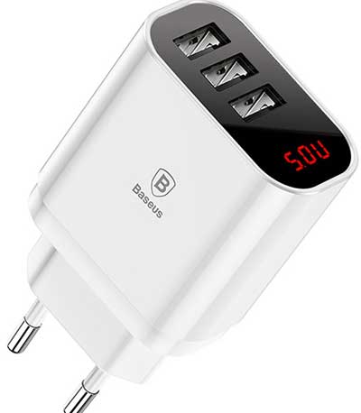 BASEUS φορτιστής τοίχου CCALL-BH02, 3x USB, 3.4A, με οθόνη, λευκό