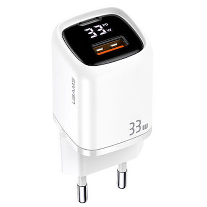 USAMS φορτιστής τοίχου CC152 με οθόνη, USB-C & USB, PD & QC, 33W, λευκός