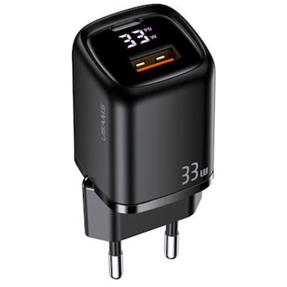 USAMS φορτιστής τοίχου CC152 με οθόνη, USB-C & USB, PD & QC, 33W, μαύρος
