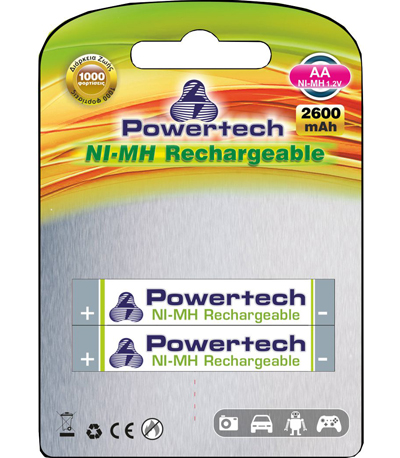 POWERTECH επαναφορτιζόμενη μπαταρία PT-351 2600mAh, AA R6, 2 τμχ