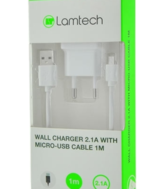 LAMTECH WALL CHARGER 2.1A WITH MICRO USB CABLE 1M WHITE