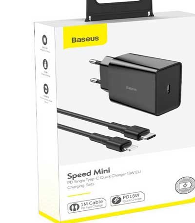 Baseus Charger USB Type C Power Delivery 18 W 3 A + USB Type C Cable - Lightning 2,4 A 1 m Black