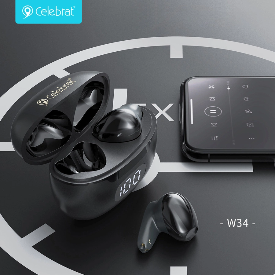 CELEBRAT Earphones με Θήκη Φόρτισης TWS-W34, True Wireless, Μαύρα (W34-BK)