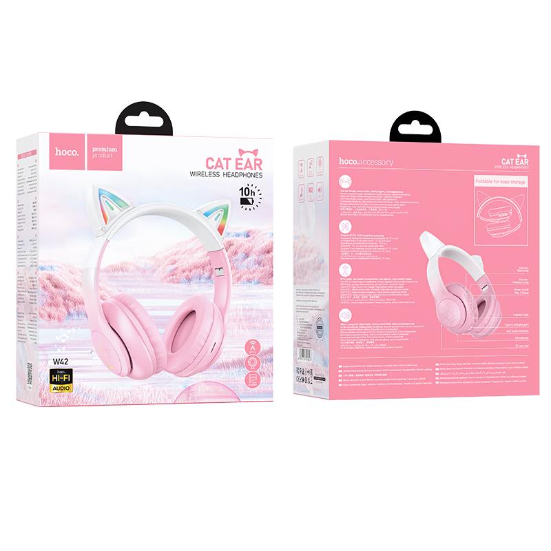 HOCO W42 CAT EARS ΑΚΟΥΣΤΙΚΑ BLUETOOTH ΜΕ ΑΥΤΙΑ ΓΑΤΑΣ, ΡΟΖ