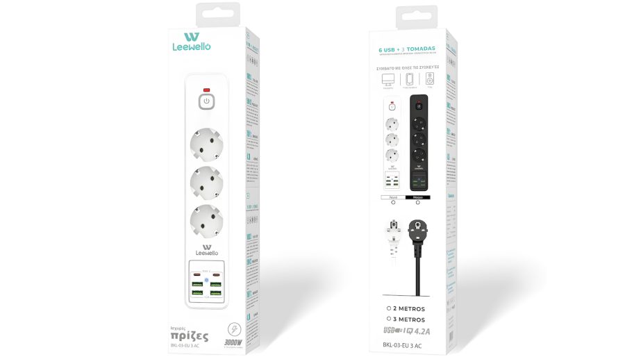 Leewello Πολύπριζο Ασφαλείας με USB Λευκό (2m) (BKL-03-EU)