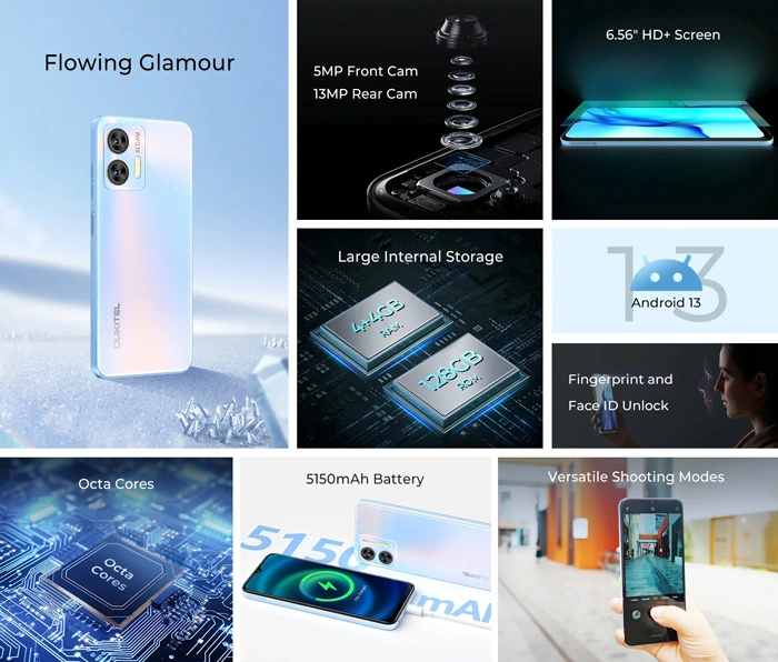 smartphone Oukitel με μεγάλη οθόνη 6.56 HD, οκταπύρηνο επεξεργαστή Android 13