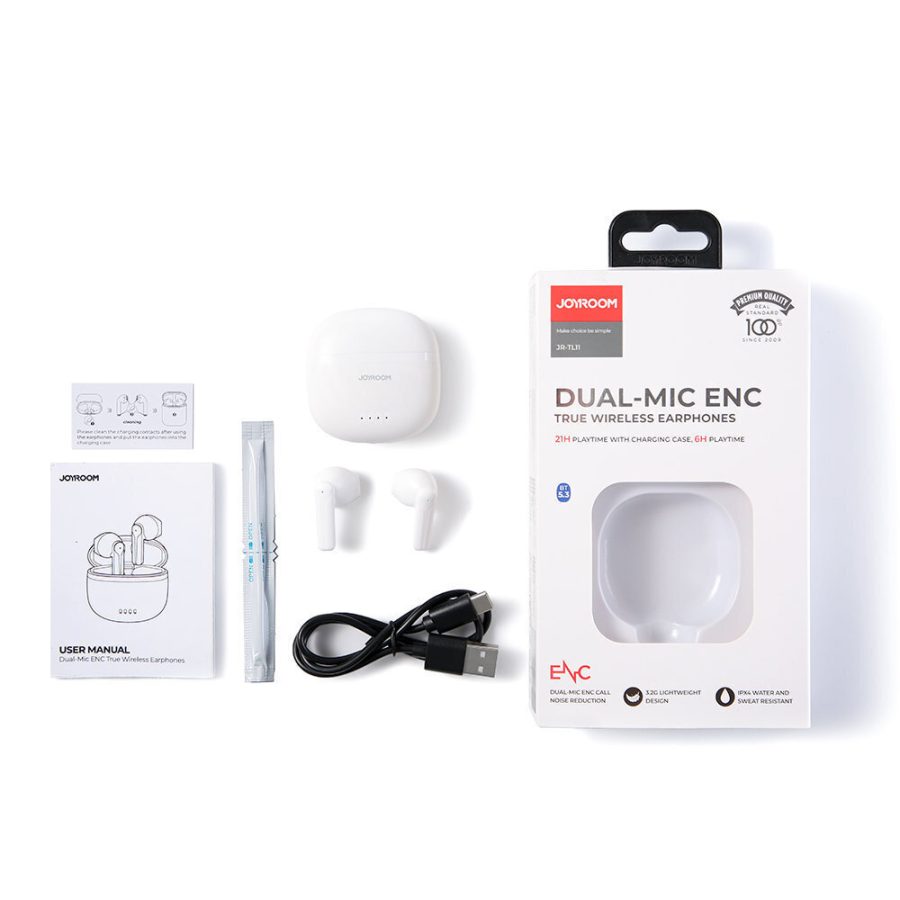 Joyroom TWS Earphones Wireless ENC Waterproof IPX4 Bluetooth 5.3 White JR-TL11
