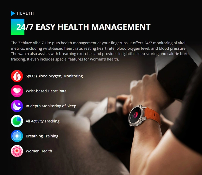ZEBLAZE smartwatch Vibe 7 Lite, heart rate, 1.47 IPS, 3ATM IP69K, μαύρο