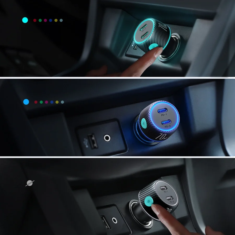 Joyroom JR-CCN02 USB C 70W Car Charger with LED Backlight - Black