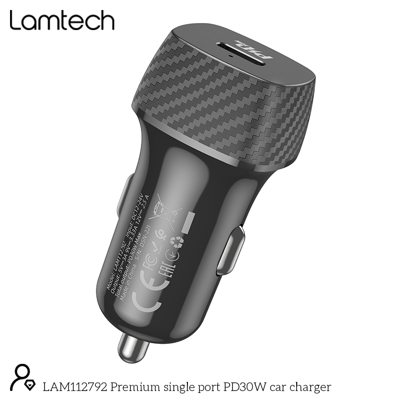 LAMTECH PREMIUM FAST IN-CAR CHARGER TYPE-C PD30W BLACK - LAM112792