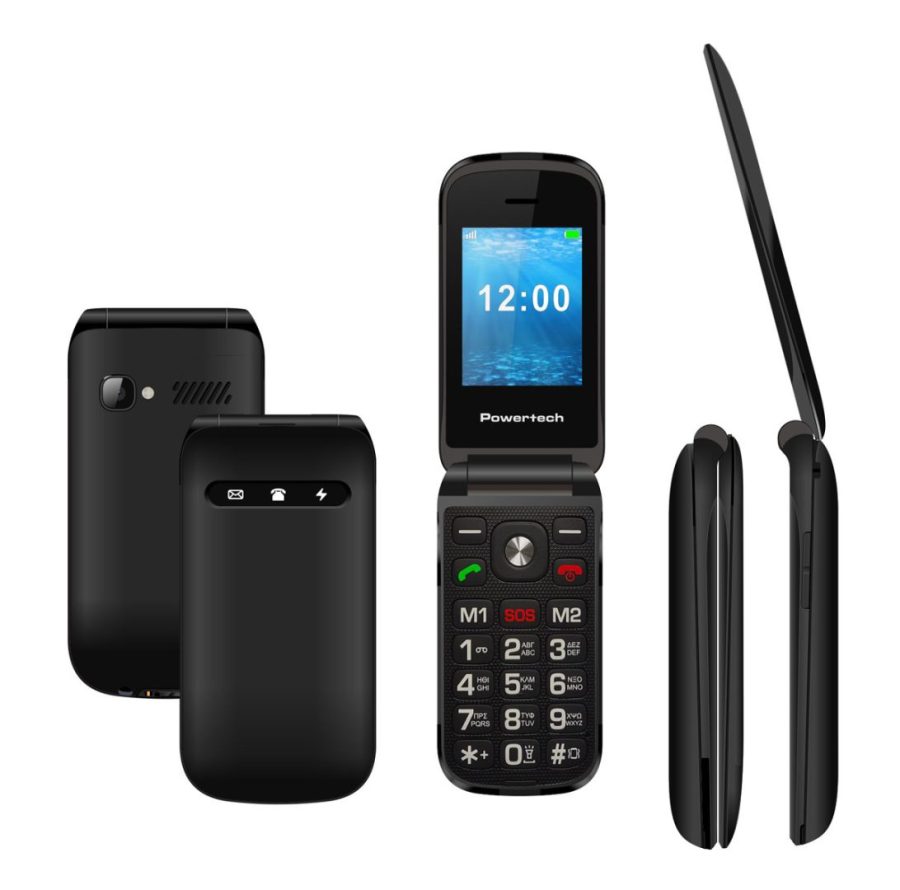 POWERTECH κινητό τηλέφωνο Milly Flip, 2.4", dual SIM, πλήκτρο SOS, μαύρο (PTM-38)