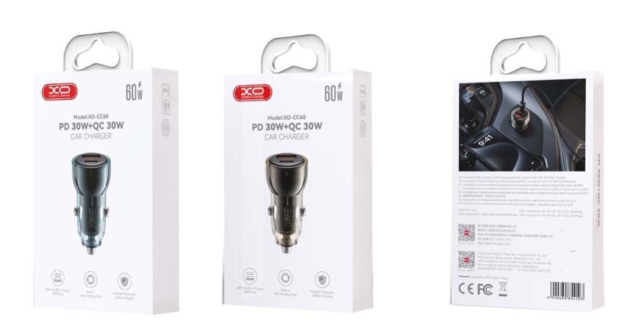 XO CC60 ΦΟΡΤΙΣΤΗΣ ΑΥΤΟΚΙΝΗΤΟΥ 60W, 1 ΘΥΡΑ TYPE-C + 1 ΘΥΡΑ USB, ΔΙΑΦΑΝΟΣ