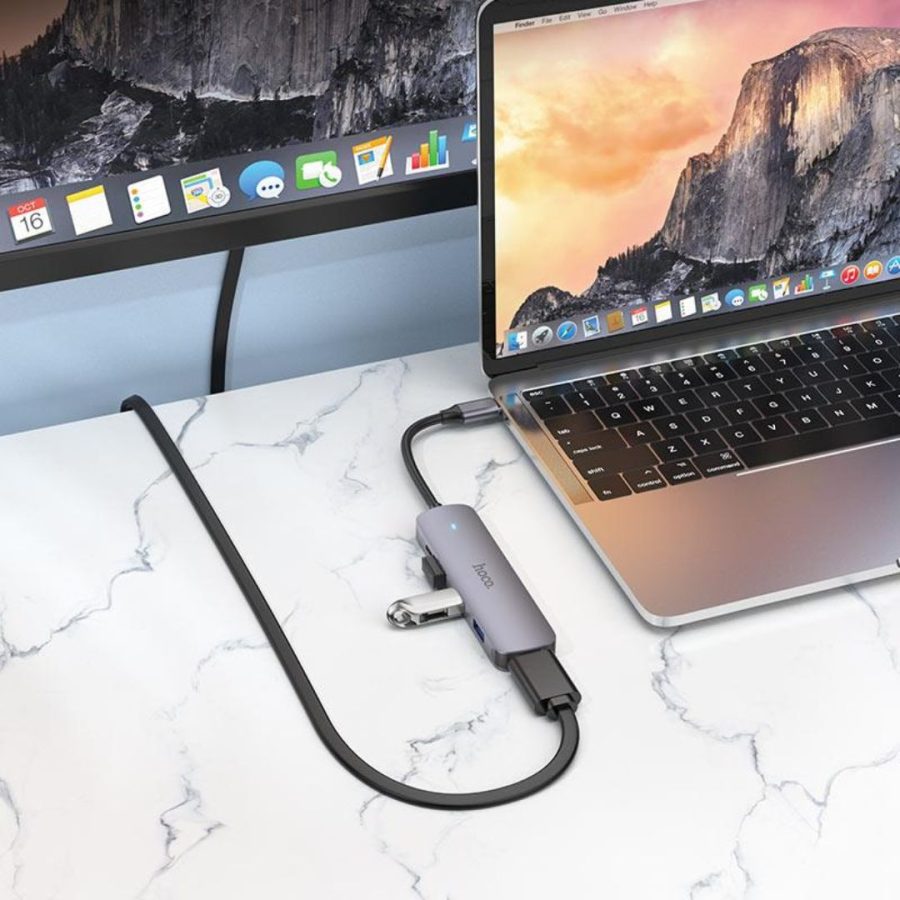 Hoco HB27 Type-C HUB , HDMI + USB3.0 + USB2.0*2 + PD , Metal Gray
