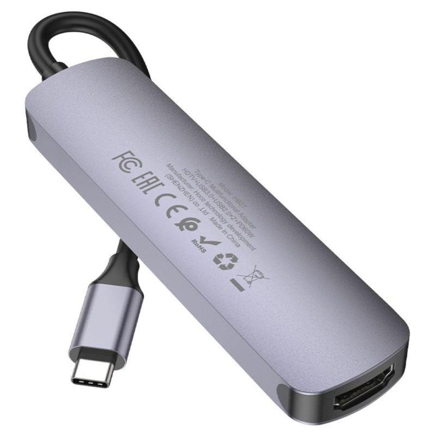 Hoco HB27 Type-C HUB , HDMI + USB3.0 + USB2.0*2 + PD , Metal Gray
