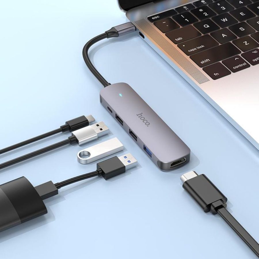 Hoco HB27 Type-C HUB , HDMI + USB3.0 + USB2.0*2 + PD , Metal Gray