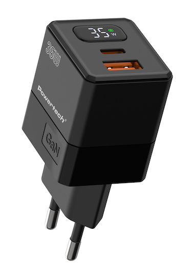 POWERTECH φορτιστής τοίχου PT-1499 με οθόνη,2 Θυρες USB/USB-C, 35W, GaN, μαύρος