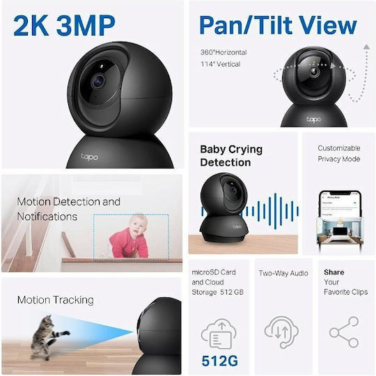 TPLINK Pan/Tilt Home Security Wi-Fi Camera 2Κ Black (TAPO C211)