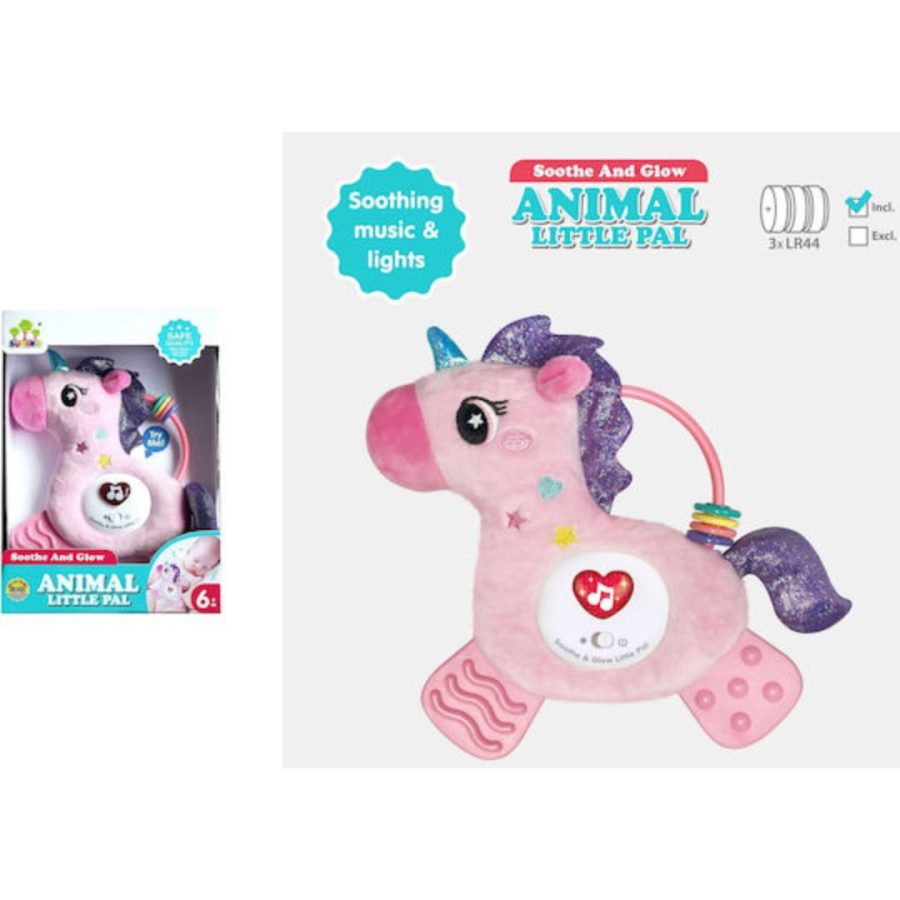 Sunlike Baby Animal Little Pal – λούτρινος μονόκερος με μουσική, φωτισμό και κρεμαστό κλιπ για βρέφη 6 μηνών+