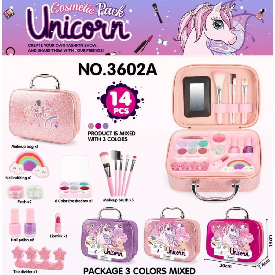 Unicorn Cosmetic Pack – παιδικό σετ μακιγιάζ 14 τεμαχίων με glitter νεσεσέρ, πινέλα, σκιές και αξεσουάρ, σε 3 χρώματα