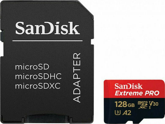 Sandisk Extreme Pro microSDXC 128GB Class 10 U3 V30 A2 UHS-I με αντάπτορα (SDSQXCD-128G-GN6MA)