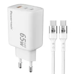 POWERTECH φορτιστής τοίχου PT-1415 με καλώδιο, 3 Θυρες USB/2x USB-C, 65W, GaN, λευκός