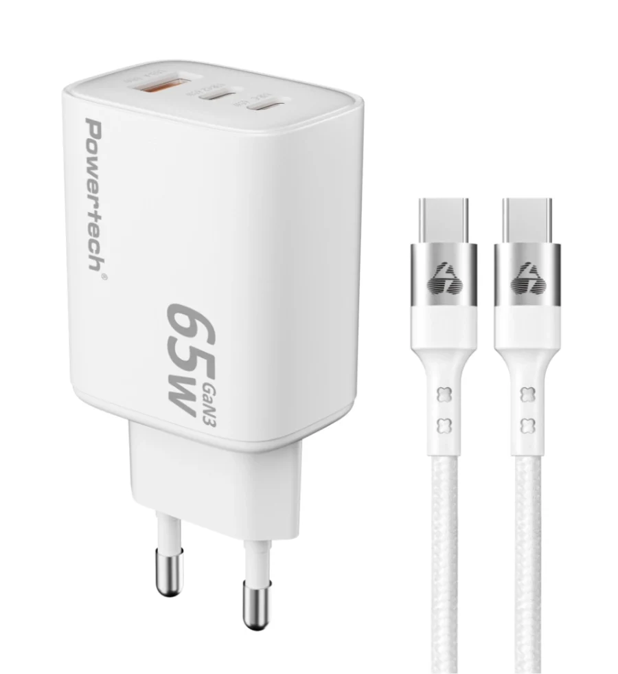 POWERTECH φορτιστής τοίχου PT-1415 με καλώδιο, 3 Θυρες USB/2x USB-C, 65W, GaN, λευκός