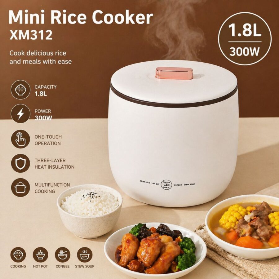 Mini Rice Cooker XM312 1.8L 300W Πολυλειτουργική Μικρή Ρυζομηχανή για Ρύζι, Σούπες & Hot Pot 220V (Τυχαίο χρώμα)