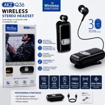 AKZ Q36 Wireless Stereo Headset Bluetooth 5.4 με Αναδιπλούμενο Ενσύρματο Ακουστικό, LED Οθόνη & USB-C Φόρτιση