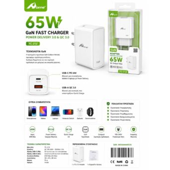 Aome TC-212 Φορτιστής GaN 65W Fast Charger με USB-C Power Delivery & USB-A Quick Charge Λευκός