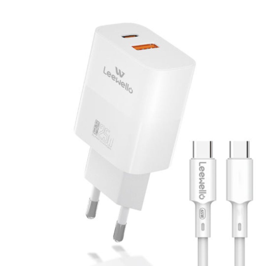 Leewello 25W PD + QC3.0 Φορτιστής Τοίχου USB-C & USB-A με Καλώδιο Type-C to Type-C – Fast Charger EU Plug