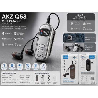 AKZ Q53 Bluetooth MP3 Player Clip-On 2in1 με Ακουστικά, TF Card & FM Radio Ασημί