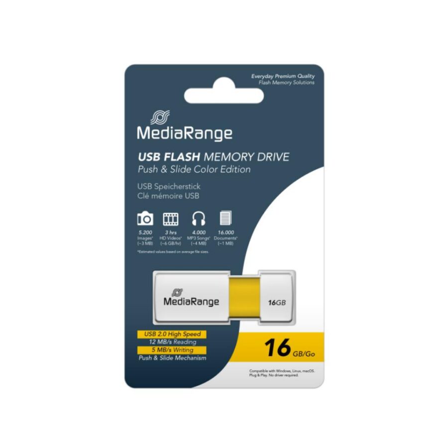MediaRange USB Stick 2.0 Flash Drive Color Edition 16GB (Yellow)