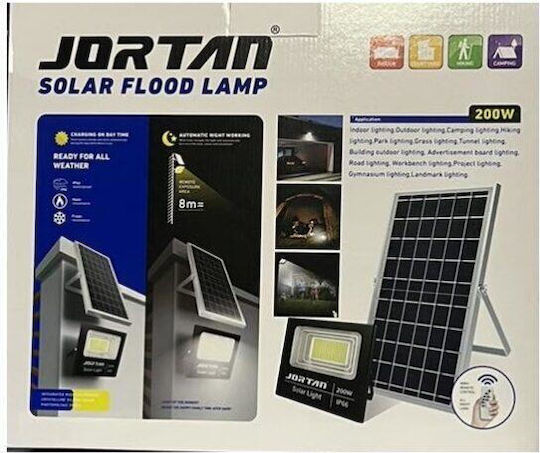 JORTAN Ηλιακός Προβολέας LED 200W 6500K IP66 με Φωτοκύτταρο, Τηλεχειριστήριο & Ηλιακό Πάνελ – Αδιάβροχος Εξωτερικού Χώρου