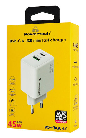 POWERTECH φορτιστής τοίχου PT-1551, USB/USB-C, 45W, GaN, AVS, λευκός