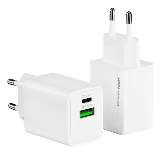 POWERTECH φορτιστής τοίχου PT-1551, USB/USB-C, 45W, GaN, AVS, λευκός