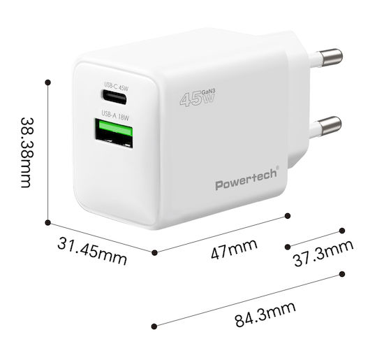 POWERTECH φορτιστής τοίχου PT-1551, USB/USB-C, 45W, GaN, AVS, λευκός